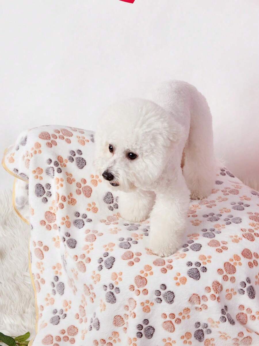 PETSIN 1pc Cute White Paw Print Pattern Warm Pet Blanket For Cats & Dogs - Multicolor - View 1