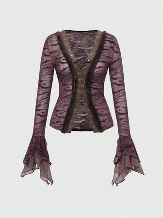 Grunge Punk Top attillato con maniche a zampa d'elefante, design in velluto patchwork retrò sexy, con lacci, stile Y2K