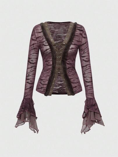 Grunge Punk Y2K Retro Sexy Flocked Patchwork Furry Tie-Up Design Cropped Flare Sleeve Fitted Top