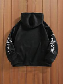 Manfinity Homme Men's Thermal Lined Solid Color Thermal Lined Hoodie With Drawstring, Letter Embroidery, Casual & Versatile, Autumn/Winter, Long Sleeve Top - Black - View 2