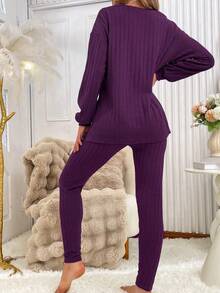 SHEIN Solid Color Textured Half-Zip Top & Pants Women Loungewear Set Fall Winter Clothes - Purple - View 2