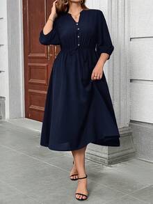 EMERY ROSE 大码V领落肩泡泡袖遮肚中长连衣裙