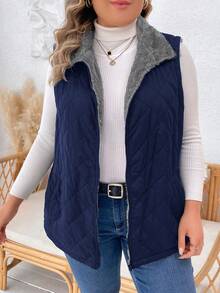 SHEIN LUNE Áo khoác mùa đông lót nhiệt không tay màu trơn có khóa kéo phía trước dành cho nữ cỡ lớn - Màu xanh hải quân - Xem 3