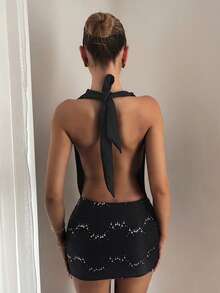 EgrlEra Women's Deep Draped Neck Sequin Mini Dress,Party Dress,Sexy Dress,Sparkly Dress - Black - View 2