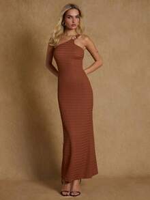 Glamine Women's Elegant Chic Minimalist Solid Color Round Hoop Shoulder Fishtail Hem Fitted Dress, Summer - Coffee - View 3