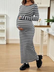 SHEIN Maternity Round Neck Raglan Long Sleeve Fitted Striped Dress - Black and White - View 6