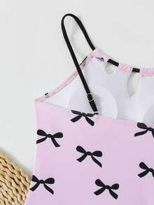 SHEIN 女童连体泳衣，蝴蝶结和花卉印花，搭配网眼两件套 - 粉色 - 查看 7