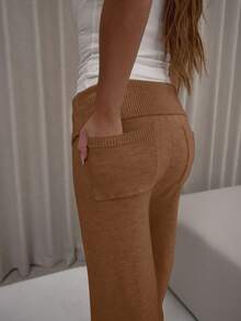 MUSERA Calça de Perna Larga com Cintura Dobrada, Elegante, Fofa, Sexy, Streetwear, Outono, Noite, Festa, Elegante, Natal - Chocolate - Visão 6
