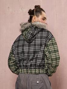 COUREZ 格纹拼接超大款飞行员夹克 / Y2K 冬季女装外出上衣新年冬季上衣冬季外套女式夹克 - 彩色 - 查看 3