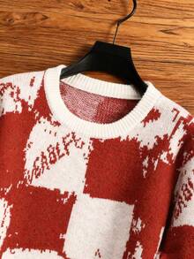 Manfinity Hypemode 男士圣诞家庭装红色格子圆领长袖毛衣，秋冬男士格子圆领宽松毛衣，秋冬男士圣诞毛衣，红色毛衣，格子毛衣，男士套头毛衣，男士针织圣诞家庭卡通图案男士毛衣 - 彩色 - 查看 4