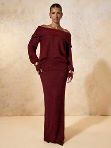 Women's Elegant Off Shoulder Long Sleeve Sweater And Knitted Midi Skirt 2 Pieces Set, Suitable For Daily Commute, Autumn/Winter Christmas 2 Piece Sets - Red - View 1