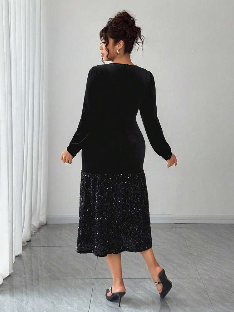 Dazy Plus Plus Size Christmas - Crew Neck Long Sleeve Elegant Prom Dress Sequin New Years Women Outfit Carnival Sparkly Dress