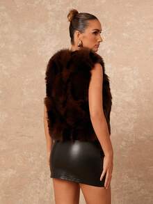 Lumalex Winter Fall Espresso Women's Solid Color Faux Fur Sleeveless Coat, Luxury Holiday Vacation New Year Party Night Out - Grey - View 3