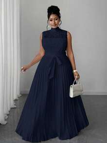 Maweii 大码女式中式立领无袖优雅蕾丝褶腰连衣裙 - 藏蓝色 - 查看 5