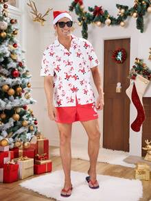 Surfspeed Men's Christmas Cartoon Print Short Sleeve Shirt And Shorts Beach Outfit Set