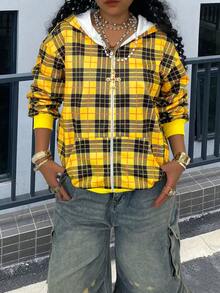 Rovax Veste à capuche zippée décontractée à carreaux pour femmes, convient pour le port quotidien en automne - Multicolore - Voir 4