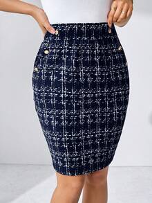 SHEIN Clasi Váy hè khóa kim loại bỏ túi hương thơm giả thanh lịch dành cho nữ, thích hợp mặc đi làm và thường ngày - Màu xanh hải quân - Xem 6