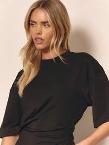 MUSERA Cinched Waist Ruched T-Shirt Casual Vacation Capsule Wardrobe Everyday Oversized Tee Airport Holiday Winter Spring Summer - Black - View 2