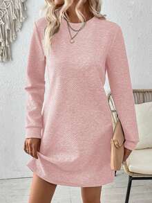 SHEIN LUNE 秋季纯色长袖休闲日常连衣裙 - 淺粉色 - 查看 5