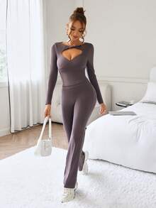 SHEIN Dewbera Sexy Casual Women Hollow Out Crop Top & Pants Sports Suit - Brown - View 3