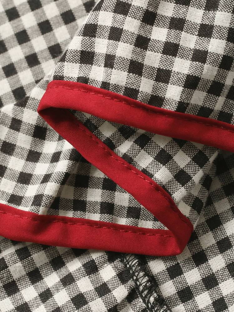 Cute Plaid Contrast Color Ruffle Trim Women Pajama Set, Winter Clothes