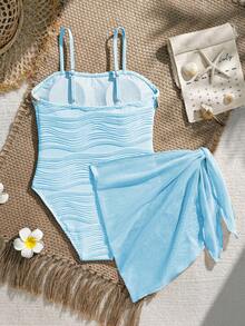 SHEIN Tween Girls One-Piece Swimsuit With Textured Fabric And Mesh Skirt, Suitable For Beach, Pool, Leisure And Holiday, Spring/Summer Seashell Bathing Suit High Waist Swimsuit Set Tween Swimsuit Dusty Blue Dusty Blue Blue Tween Swimsuit Girls Sky Blue Swimsuit - Baby Blue - View 2