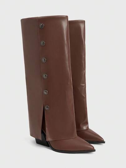 Women's Black Patchwork Tall Boots, Western Style Stacked Heel Pointed Toe Boots