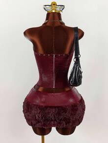 Amplova طقم ملابس علوية كورسيه بنمط جلد التمساح الصناعي وتنورة ضيقة فرائية قصيرة، مثير مكون من قطعتين للنساء - احمر خشبي - مشاهدة 2