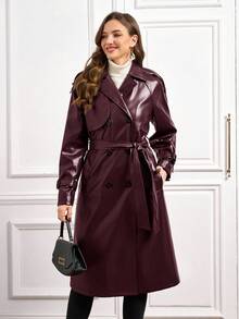 Ellevyn 安哥拉红色 PU 皮革纯色保暖内衬系带长袖长款风衣 - 酒紅色 - 查看 4