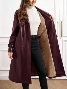 Ellevyn 安哥拉红色 PU 皮革纯色保暖内衬系带长袖长款风衣 - 酒紅色 - 查看 15