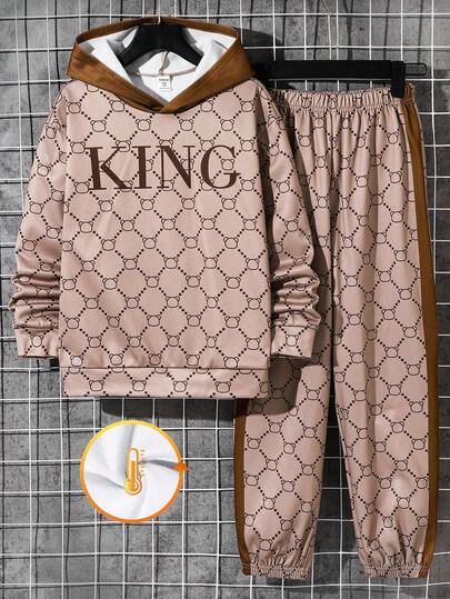 SHEIN 2pcs Kids/Tween Boys Casual Everyday Comfortable Printed Hoodie Sweatshirt And Loose Fit Jogger Pants Tracksuit Set, Suitable For School, Garden, Beach, Birthday, Spring, Summer, Fall, Winter