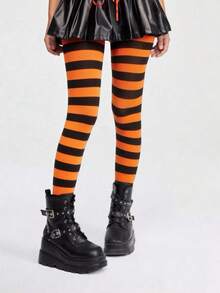 ROMWE Grunge Punk 1 chiếc tất/quần tất/legging gợi cảm bất đối xứng dành cho nữ - Sọc màu cam đen - Xem 2