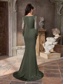 Aureia 优雅奢华装饰纽扣珍珠亮片拼布弹力泳衣针织面料透明袖子褶饰美人鱼裙，适合婚礼、派对、度假、舞会礼服（重度装饰） - 軍綠色 - 查看 4