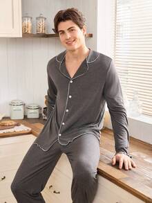 CoupledUp Soft & Skin-Friendly Button Top & Pants Closure Unisex Casual Pajama Set, Winter Clothes - Dark Grey - View 4