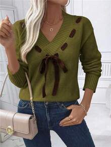 EMERY ROSE 女式V领长袖休闲宽松针织毛衣，秋冬 - 橄欖綠 - 查看 4