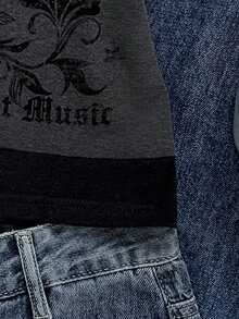 Attitoon 女式休闲简约吉他图案复古撞色短袖 T 恤 - 深灰色 - 查看 5