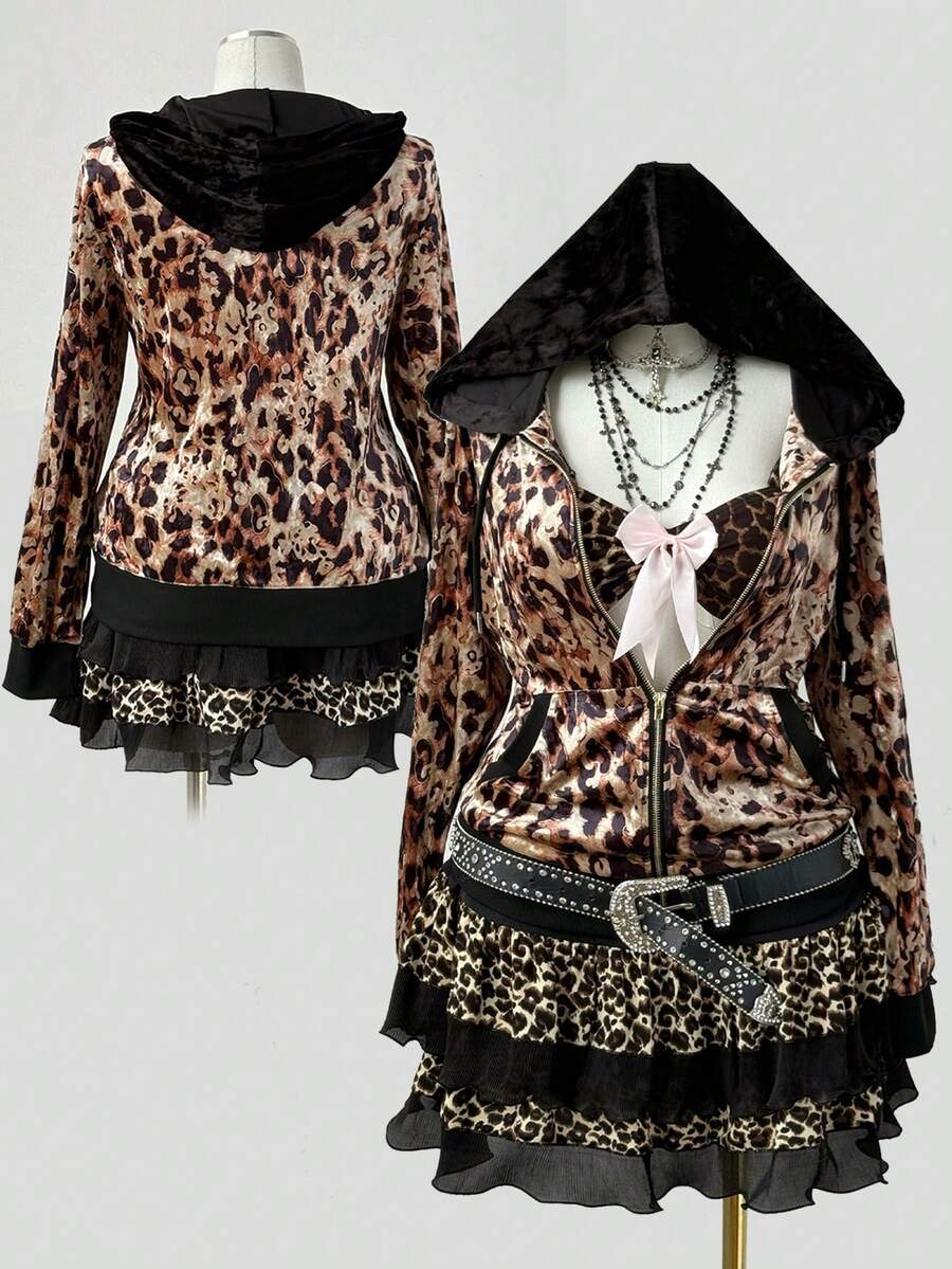 Sunspun Sweatshirt Ukuran Besar Motif Leopard Beludru dengan Warna Kontras - MultiWarna - View 1