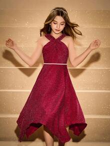 青少年女孩无袖系带优雅万圣节圣诞连衣裙（配腰带） - 酒紅色 - 查看 4