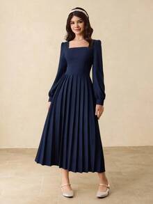 Elegante abito lungo plissettato in stile minimalista con colletto quadrato, spalle dritte, maniche lunghe e vita alta, adatto per il ritorno a scuola, il Natale, tutte le stagioni, occasioni formali, balli di fine anno, eventi di Ognissanti - Blu Navy - Visualizzare 3