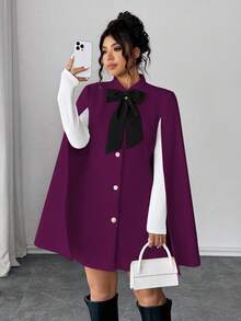 Elenzga 时尚休闲法式复古优雅珍珠纽扣蝴蝶结斗篷大衣 - 紫色 - 查看 7