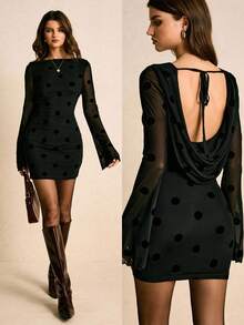 Poéselle Rochie mini elegantă pentru femei, cu buline, din plasă, fără spate, cu mâneci evazate