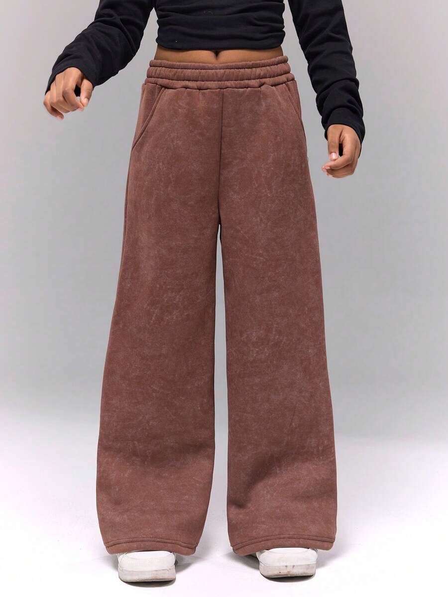 Sparklyn Tween 女童休闲百搭街头口袋宽松阔腿松紧腰洗水雪地羊毛运动裤 - 鏽棕色 - 查看 1