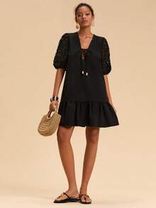 Travachic Women's Solid Color Hollow Out Short Sleeve Dress, Black Lace Dress, French Style Dress With Puff Sleeve, Christmas Party Clothes, New Year Look, Thanksgiving Outfits, Elegant Dresses Party, Luxury Evening Dresses For Weddings, Sexy Club Outfits, Black Lace Sleeve Dress, Puff Sleeve Dress