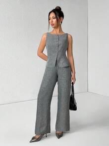 SHEIN PETITE 女款灰色條紋背心與長褲套裝，夏季休閒單排扣圓領兩件式西裝，優雅商務辦公通勤老錢風，適合嬌小女性 - 黑與白 - 查看 6