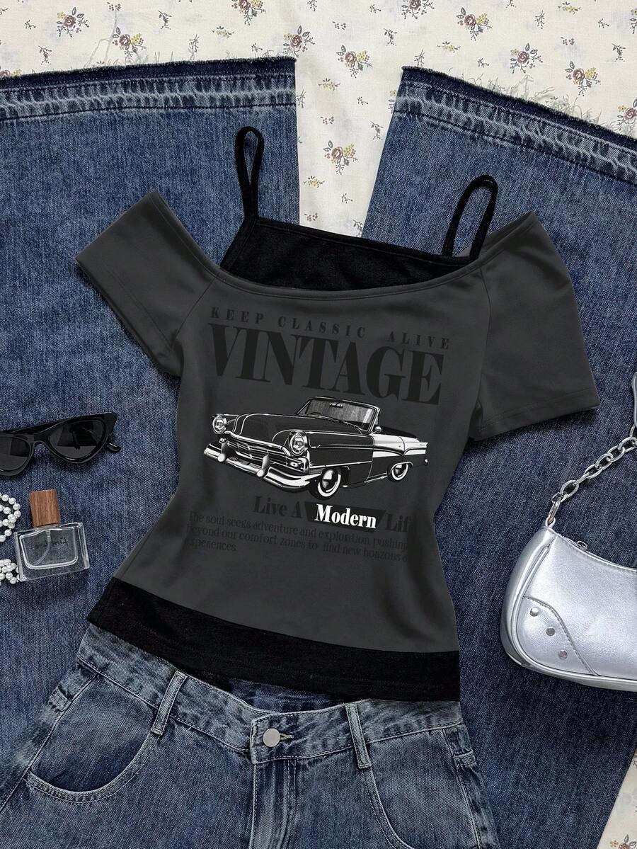Attitoon Vintage Car Graphic Casual Colorblock Short Sleeve T-Shirt For Women - Dark Grey - View 1