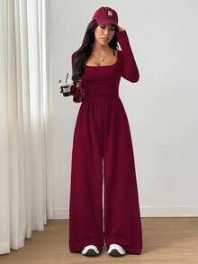 SHEIN Unity 1 件女式方领纯色修身优雅长袖连体裤 - 酒紅色 - 查看 3