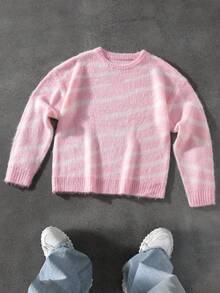 Claim Dot Pulover bărbătesc cu guler rotund, casual, cu imprimeu integral, pulover cu dungi roz și albe pentru toamnă/iarnă, top cu mânecă lungă - Roz - Vizualizare 3