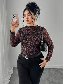 Modelyn Women's Leopard Print Elastic Mesh Elegant Versatile Loose Fit Plus Size T-Shirt - Coffee Brown - View 1