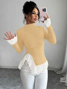 Selianne Camiseta de manga larga con cuello alto y volantes de color contrastante para mujer - Caqui - Ver 6