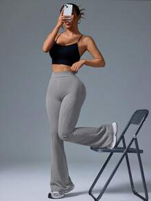 Gameset SHEIN Sport 休闲时尚灰线修身喇叭运动裤 - 灰色 - 查看 4